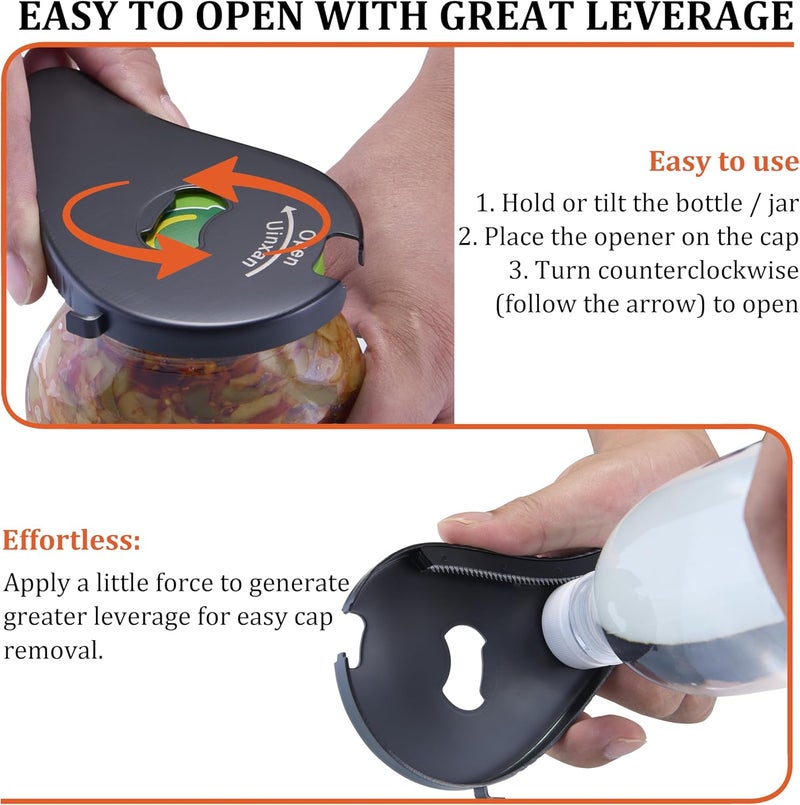 Uinxan Jar Bottle Can Opener for Weak Hand & Seniors with Arthritis-Easy Twist Off Caps (0.6"-2.7") & Pull Tab Seals,Unique Kitchen Gadget,Multi,Portable Christmas Gifts for Elderly/Women/Men (Black) - Image 3